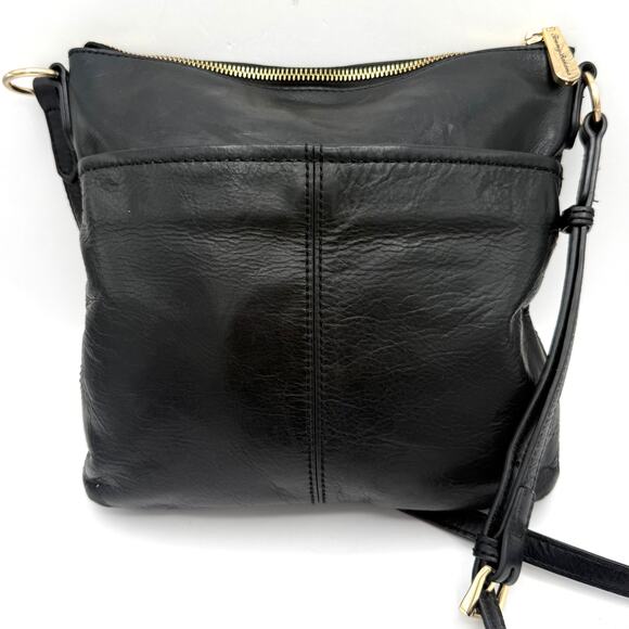 Tommy Bahama Black Leather Crossbody Bag Gold Zip Early 2000s Adjustable Strap - Picture 6 of 16